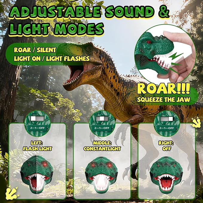 Dinosaur Headlamp for Kids Flashlight Rechargeable Led Dino Head Lamp Roar & Silent Mode, T-Rex Dinosaur Toys for Kids 3 4 5 6 7 8, Camping Gear, Easter Gifts for Boys Girls Adults