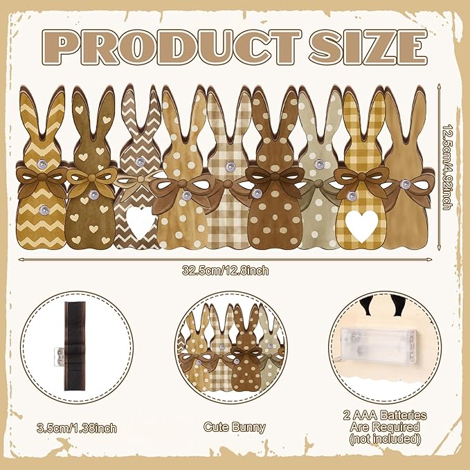 Yousoontic Rustic Easter Bunny Decor with LED Lights, 9-piece Wooden Plaid Bunny Centerpiece, Farmhouse Vintage Brown Rabbit Sign for Mantel, Tiered Tray, Dining Table and Spring Home Decoration