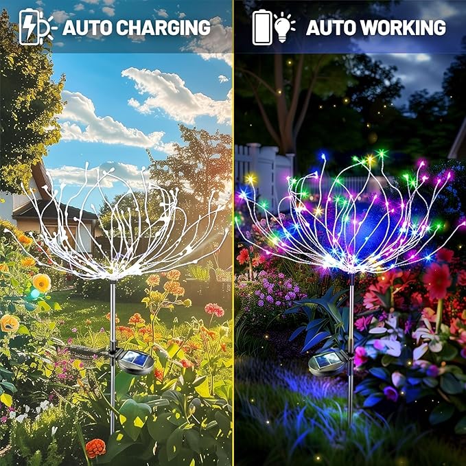 Anordsem Solar Garden Lights Outdoor: 120 LED Sparkler Fireworks Starburst Colorful Lighting - Waterproof DIY Dandelion Outside Yard Art Decorations - Gardening Gifts for Women Grandma