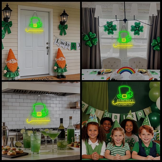 Horseneon St Patricks Day Neon Sign Shamrock Neon Light LED Signs St Patricks Day Decorations Dimmable Green Gold Colors for Wall Art Bedroom Living Room Home Bar Decor