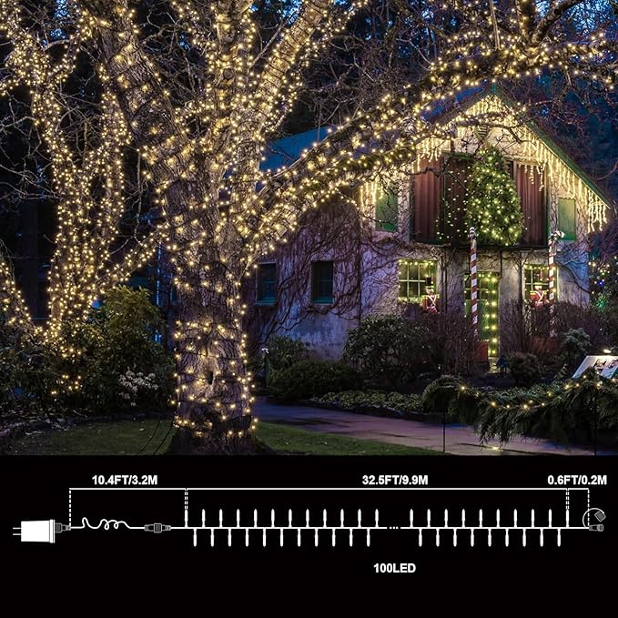 LAMPHOME Warm White Christmas Mini Lights, 32.5FT 100 LED String Lights with 16 Light Modes, Fairy Lights Plug in for Outdoor Xmas Trees Garland Wreath Holiday Decorations