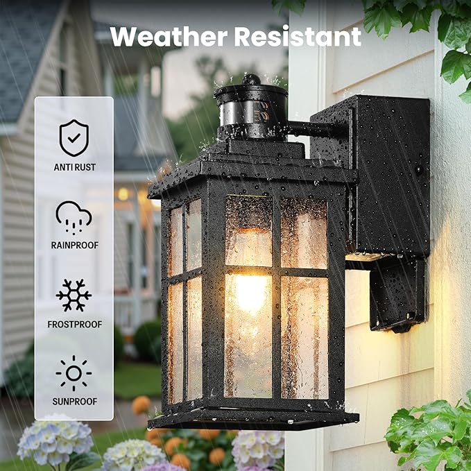 Gleamz Motion Sensor Outdoor Porch Light with GFCI Outlet, Modern Black Exterior Lighting Fixtures Wall Mount for House, Anti-Rust Waterproof Dusk to Dawn Outdoor Wall Sconce Lantern for Garage, Coach