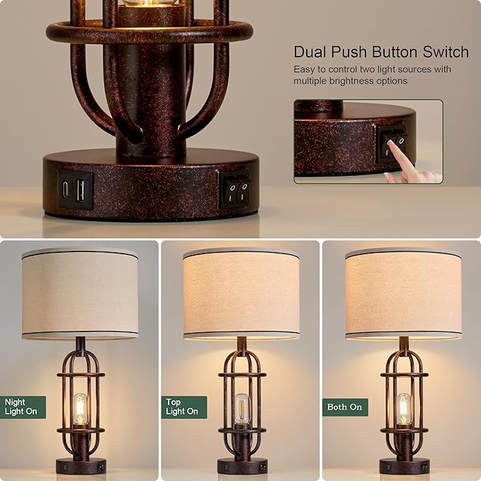 22.3" Table Lamps for Living Room Set of 2, Farmhouse Lamps for Nightstand, Vintage Table Lamps for Bedroom with USB Ports, Bulbs Included