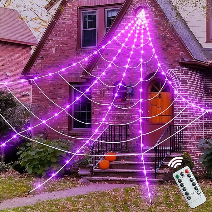 ININ Halloween 200" Spider Web Light Decorations Outdoor/Indoor with 250 LED Lights,Scary Party Decorations,Giant Light Up Spider Web,Halloween Decor for Yard/Lawn/Garden(Purple)