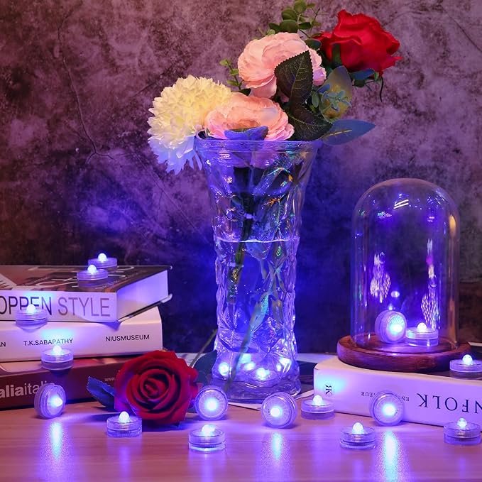 HL Submersible LED Light,Blue Small LED Light,100 Hours Waterproof Flameless Led Lights Battery Powered for Wedding Home Vase Festival Party Decoration 24pcs (Built-in 48 Batteries)