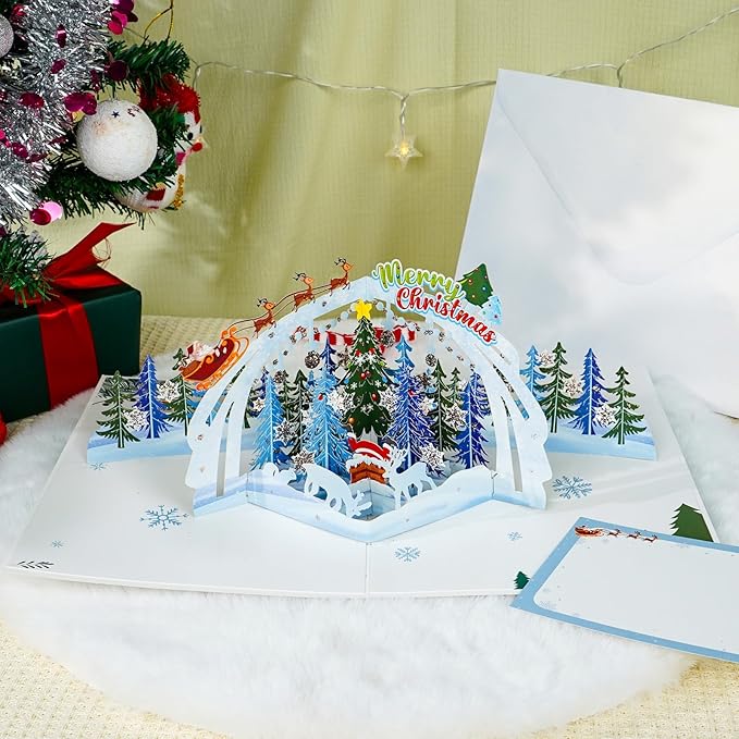 FaCraft Musical Christmas Cards, with Lights and Music, 15.4 x 10.4 inch Handmade 3D Large Pop Up Christmas Card, with Envelope Blank Insert and Seal for Winter Holidays New Year (Woodland)