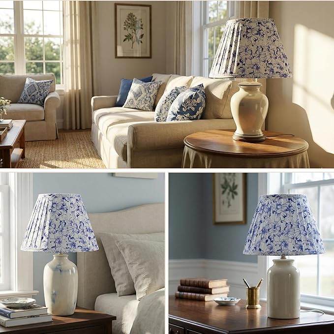 Small Blue Floral Lamp Shade for Bedside & Desk Lamps (1 Pack), 5x9x6.2 Inch Empire Pleated Lampshade, Cloth Lampshade with Spider Fitter, No Assembly, Ideal for Country, Vintage & Coastal Home Decor