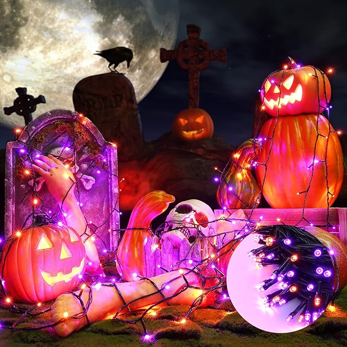 Orange and Purple Halloween Lights, 82ft 200 LED Connectable Halloween String Lights with 8 Modes, Waterproof Plug in Orange Purple String Light for Party, Garden, Indoor Outdoor Spooky Decorations