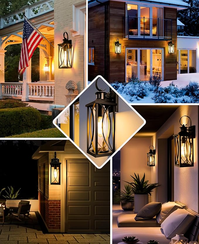 DBF Motion Sensor Outdoor Lights Wall Mount, Dusk to Dawn Exterior Light Fixture, Anti-Rust Waterproof Outside Porch Lights with Glass & E26 Socket Wall Sconce for House Garage Patio Doorway, Black