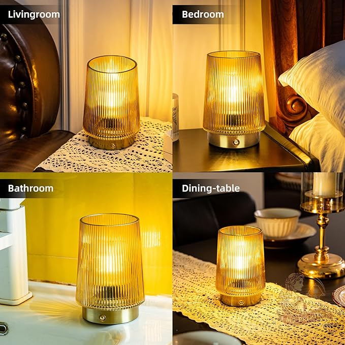 MJ PREMIER Cordless Lamps Rechargeable Glass Table Lamp Portable Dimmable Brightness Touch Battery Operated Lamp Cordless Beside Touch Lamp for Bedroom Kitchen Dining Bathroom Rechargeable Yellow