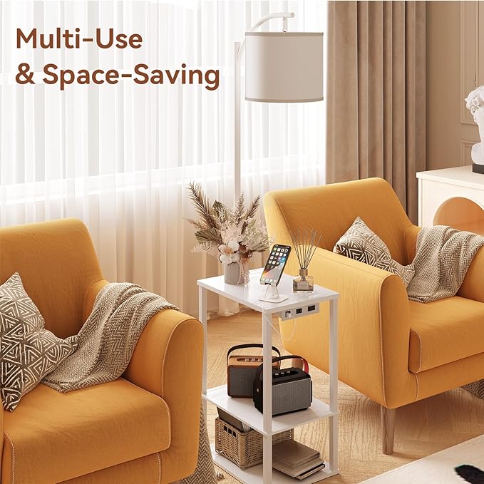 SUNMORY Floor Lamp with Table, End Table for Living Room with Lamp, Shelves Side Table with Charging Station(USB & AC Port), 3 Color Temperature LED Bulb, Modern Nightstand Lamp for Bedroom, Office