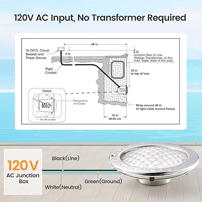 SURAIELEC Pool Lights for Inground Pool, 10 Inch 120V LED Underwater Light, 35W (300W Equivalent), 4000LM, Cool White 6000K, Fits 10" Large Wet Niches, Stainless Steel Housing, 50FT Cord