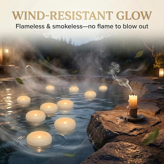 Aignis 6 Flameless LED Floating Candles, 3-Inch Plastic Battery Operated Tealights, Glow Time Over 200 Hours, Cozy Romantic White Light, Suitable for Pool/Bathtub/Hot Bath/Wedding Centerpiece Decor