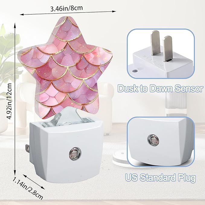 Pink Mermaid Night Light,Fish Scales Marble Plug-in Star Night Lights with Dusk-to-Dawn Sensor for Bedroom,Bathroom,Living Room Sleep Friendly Lamp for Women Girls Boys Gift,0.5W