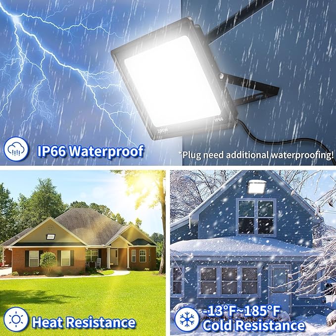 200W Flood Lights Outdoor, 24000lm Bright Security Light with Plug & 6ft Cord, 5000K Daylight White Exterior LED Floodlight, IP66 Waterproof LED Work Light Yard Lights for Garage Stadium 2 Pack