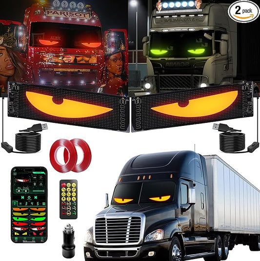 Sachie 2PC 5800 Lux High-Brightness Devil Eyes LED Light Strips for Cars/Trucks/SUVs - 23.6"x4.73" Customizable Windshield Decoration with App Control, IP68 Waterproof, USB-Powered