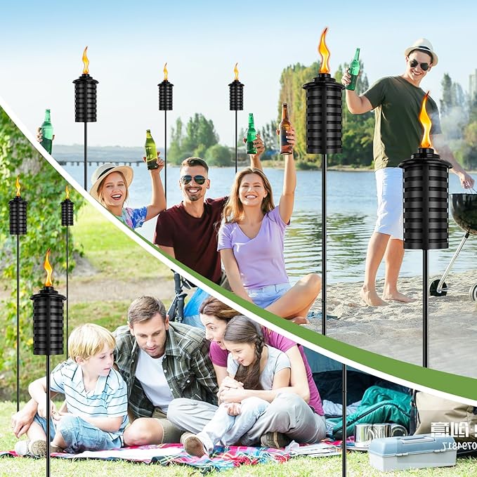 ZSZMFH Upgraded Citronella Torches for Outside Set of 6, 16 Oz Outdoor Garden Torches with 5-Prong Grounded Stake, 60 Inch Metal Torch for Garden Décor, Backyard, Patio, Pathway, Party