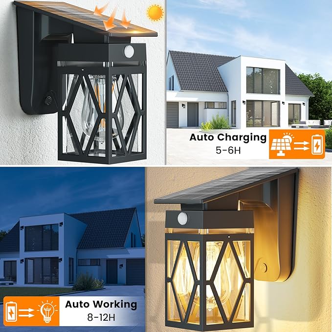 4 Pack Solar Porch Lights Outdoor, Dusk to Dawn & Motion Sensor Solar Wall Light with Lantern Shape, 3 Modes IP65 Waterproof, E26 Bulb Exterior Sconce for Front Porch, Garage, Patio Security
