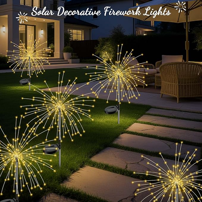 Solar Firework Lights Outdoor, 2 Pack 200 LED Fairy Lights with 8 Modes, Warm White Solar Garden Lights for Yard Pathway Lawn Patio Landscape Decor, Waterproof Fireworks for Outside
