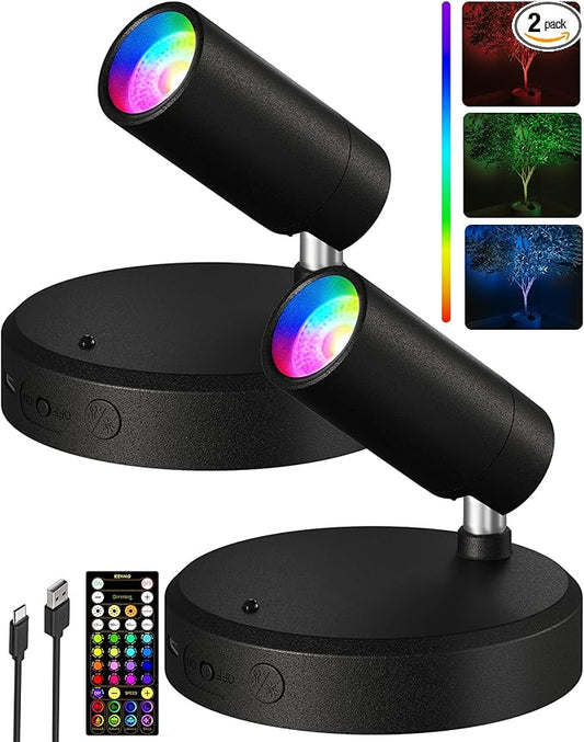 EZVALO RGB Spotlights Indoor with Remote, 5500mAh Rechargeable Picture Lights, DIY Mode & 83 Color Changing Uplighting, Wireless Mini Accent Lighting for Halloween and Christmas (2Pack-Black)