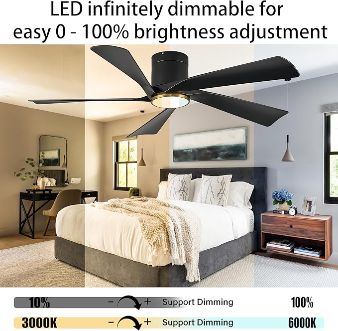 Ceiling Fan with Light and Remote/APP, 52” Flush Mount Ceiling Fans, 6 Speeds Mute Reversible Motor, 3CCT, Dimmable,Black Low Profile Modern Ceiling Fans for Indoor and Outdoor, Bedroom, Patios