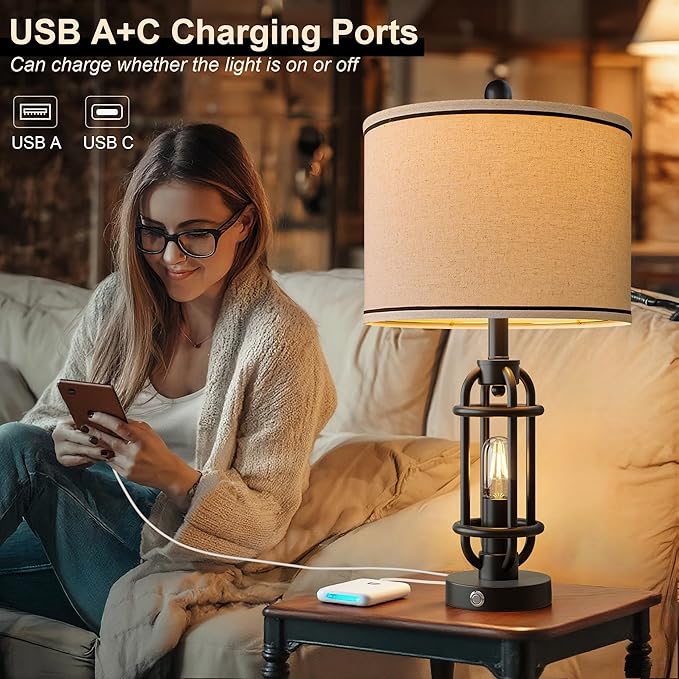 24'' Table Lamps for Living Room Bedroom Industrial Touch Lamp with USB A+C Ports, Night Light Farmhouse Vintage Nightstand Bedside Lamps for Night Stands Metal Black, Bulbs Included