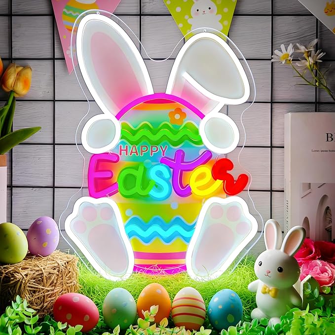 Easter Neon Sign Easter Bunny Egg Led Sign Dimmable Happy Easter Window Lights Printed Cute Bunny Light Up Signs Easters Gifts for Kids Teens Girls