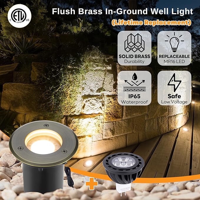 Gardenreet LED Well Lights Outdoor - Brass All Weather Electric Outdoor Inground Lighting, 12V LED Low Voltage Fixture, Antique Bronze for Pathway Backyard Tree with 4000K Neutral White MR16 Bulb