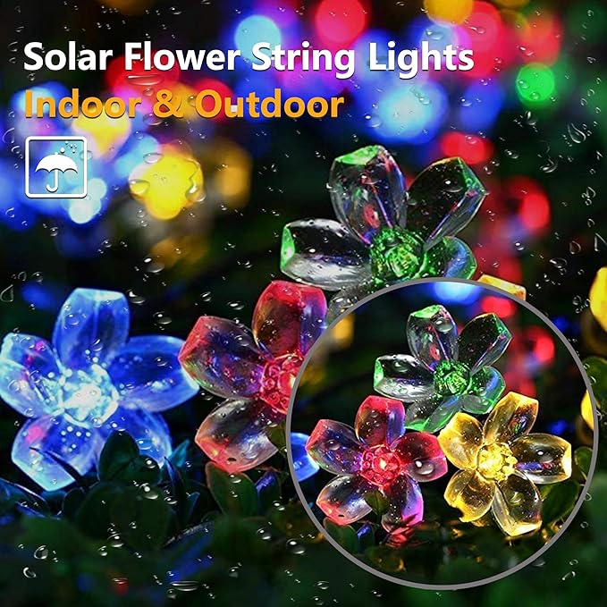 Solar String Lights for Outside，100 LED Solar Flower Lights Outdoor Waterproof ，Solar Powered Outdoor Decorative String Light for Yard, Lawn, Fence, Flower Garden, Christmas Tree (Multi-Colored)