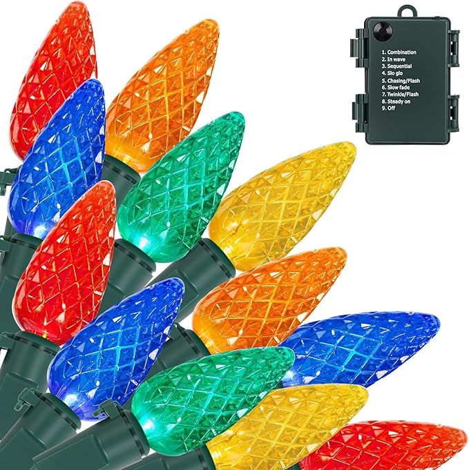 Brightever C6 Battery Operated Christmas Lights, 35FT 100LED Christmas String Lights with Timer & 8 Lighting Modes, Waterproof Strawberry Xmas Tree Light for Indoor Outdoor Decor, Multicolor, 1-Pack