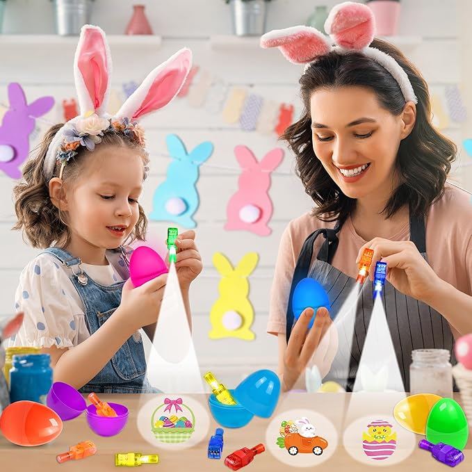 24 Prefilled Easter Eggs with Finger Lights Egg Fillers, Easter Basket Stuffers Gifts for Toddler Kids Teens Plastic Glow In The Dark Easter Eggs Filled Toys for Kids Boys Girls Party Favors Egg Hunt