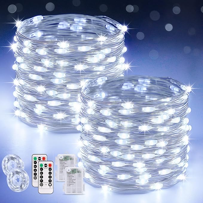 JMEXSUSS 2 Pack Fairy Lights Battery Operated, Total 400 LED 132ft Outdoor Fairy String Lights with Remote, 8 Modes Copper Wire Twinkle Lights for Bedroom Tree Wall Patio Outside Decor, White