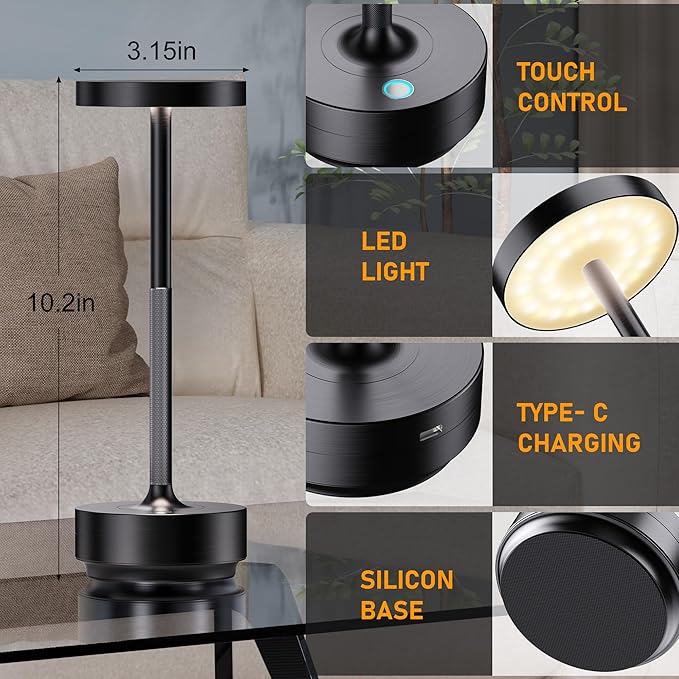 SAKRINGT 2 Pack Rechargeable Cordless Table Lamp - Battery Operated LED Portable Table Light with 3 Color Stepless Dimming, Memory Function - IP54 Waterproof for Outdoor, Restaurant, Patio, Camping