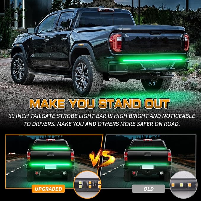 XRIDONSEN 60 inch Truck Tailgate Green Emergency Lights Strip 360 LED Strobe Light Rear Window Lights Flashing Warning Hazard Safety First Responder Lights for Vehicles Trucks Pickup