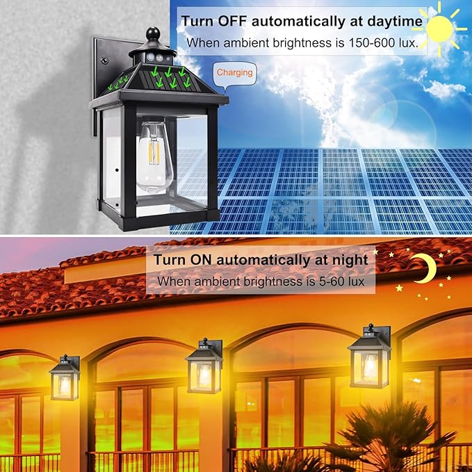 Solar Wall Lights Outdoor: Solar Porch Sconce Light Dusk to Dawn Waterproof Lantern Fixture with 3 Lighting Modes & Motion Sensor - for Front Door Garage Porch Yard Fence
