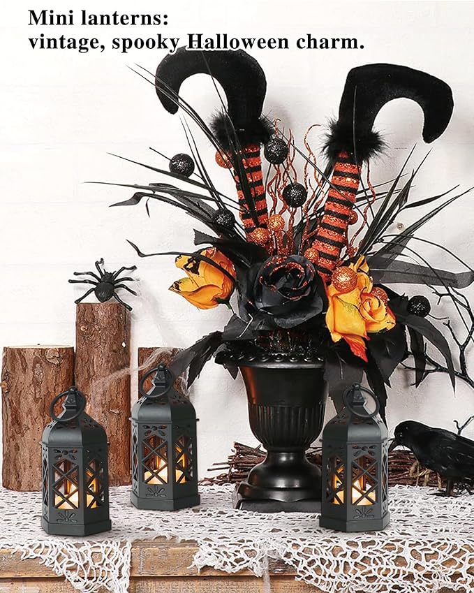 8-Pack Mini Lanterns with Flickering LED Candles for Ramadan, Moroccan Decorative Hanging Lanterns for Halloween, Christmas, Wedding, Black Lantern for Table Centerpiece, Home & Party Decor