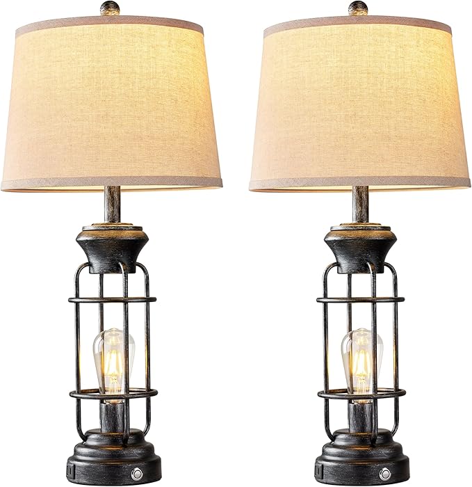28" Table Lamp for Living Room with USB Charging Ports, Tall Table Lamp Set of 2,3-Way Dimmable Lamps for Bedroom, Bedside Lamp for End Tables, Industrial Nighstand Lamps,Bulbs Included