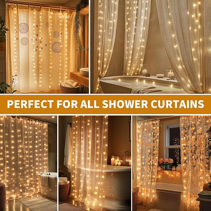 Waterproof LED Shower Curtain Lights - 72 Inch Fairy Lights for Bathroom, 8 Modes Warm White Spa Mood Lighting for Dark Bathrooms and Outdoor Décor (No Curtain)