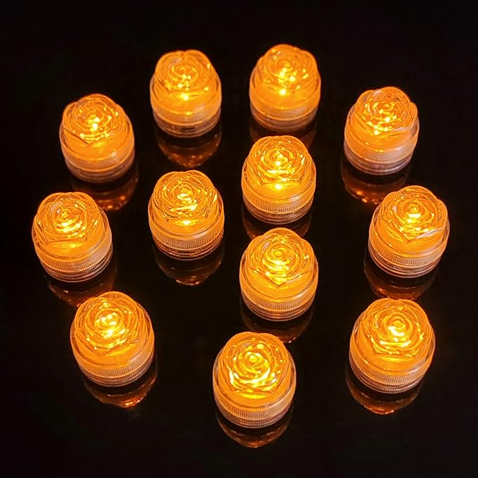 Bright LED Battery Operated Flameless Tea Light, Submersible Tea Candle Waterproof Decorations Underwater Vase Light for Party & Wedding, Pack of 12 (Orange)