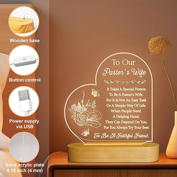 Pastors Wife Appreciation Gifts for Women, 3D Illusion Lamp for Preachers Wife Church Gifts, Soft Warm Night Light for Bedroom Decor