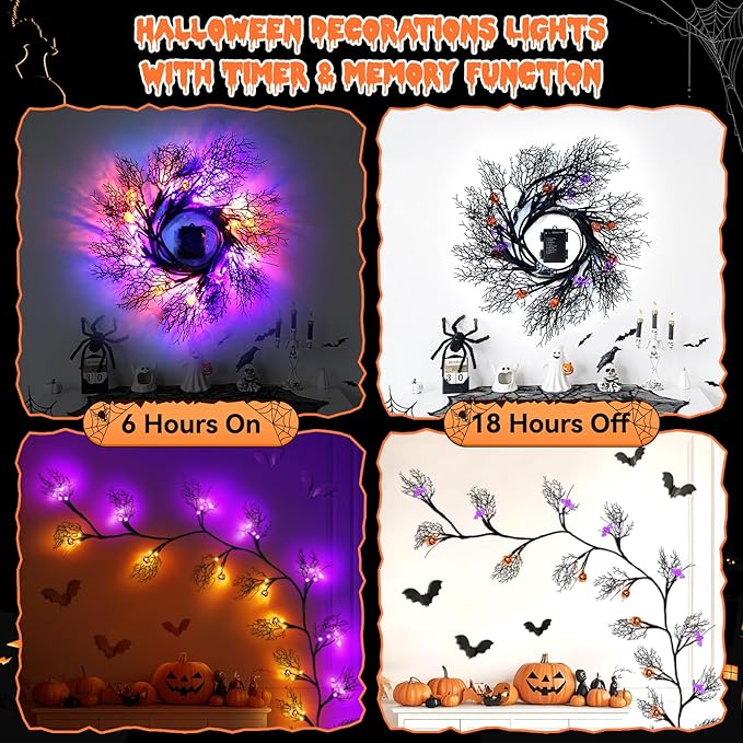 6 FT 54 LED Halloween Lights, 8 Modes & Timer Battery Operated Halloween Pumpkins Bats Lights with Willow Vine Twig Garland, 3D Waterproof Decorations Lights for Indoor Wall Party Fireplace Mantle