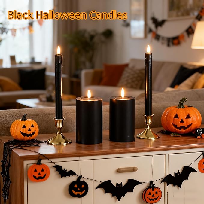 Black Flameless Candles, Battery Operated Candles, Real Wax Black LED Candles, Flickering Remote Control for Home Fall Halloween Decor Party Gifts, Set of 4