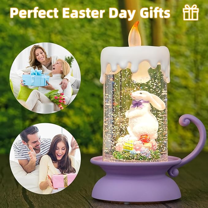 Easter Snow Globe Bunny Lantern with Swirling Glitter, USB & Battery Operated Easter Decorations for Home, Spring Tabletop Gifts