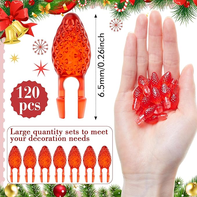 Boao 120 Pcs Ceramic Christmas Tree Replacement Lights Clear Plastic Flame Peg Bulbs Accessories for Ceramic Christmas Trees and DIY Projects(Red,Medium)