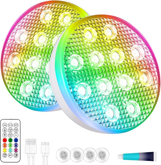 Rechargeable Submersible Pool Lights with Remote (2pcs) - Underwater Led Light IP68 Waterproof ,16 Color Changing Multicolor Floating Pool Lights with Magnets and Suction Cups for Pond Hot Tub Path