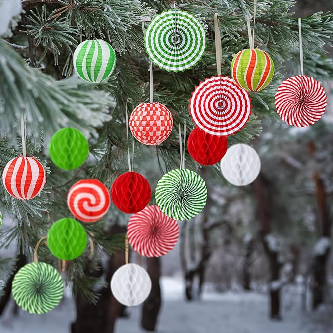 Retisee 18 Pcs Christmas Hanging Paper Lanterns Party Decorations Candy Canes Peppermint Paper Fans Xmas Hanging Honeycomb Ball Lanterns Ornaments for Christmas Winter Party Holiday Ceilings Decor
