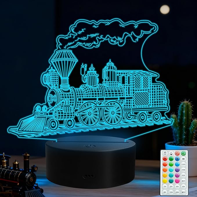 Train Night Light, Stream Train Gifts, 3D Illusion Lamp with Remote Control, 16 RGB Colors, 4 Flashing Modes, Timer, Kids Room Decor