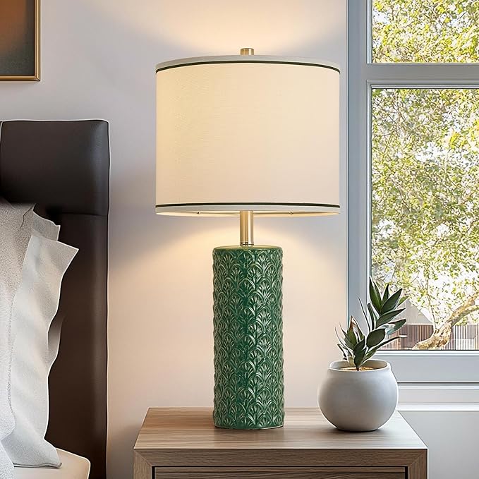 27" Farmhouse Bedside Table Lamp Set of 2, Green Modern Ceramic Lamps for Living Room, 3 Color Temperature Rustic Table Lamps for Bedroom, Night Stands, Dorm,Office, Home Décor (Bulb Included)