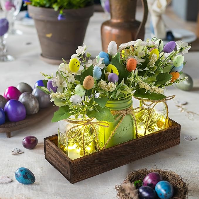 Easter Centerpiece Table Decorations for Table Runner Farmhouse Coffee Table Decor with Wood Tray and Led Light Table Centerpieces for Dining Room Kitchen Living,Green