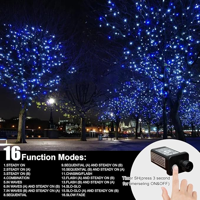 LAMPHOME 165ft Christmas Decorative Mini Lights, 500 LED Transparent Wire Fairy Starry String Light Plug in, 16Lighting Modes for Indoor Outdoor Xmas Tree Wedding Party Decoration (White and Blue)